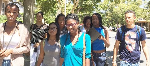 A group of students walking together on a tree-lined campus street